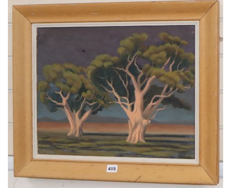 Australian School, oil on canvas, Trees in a landscape, portrait of a lady verso, thought to be Helen Grey-Smith, unsigned, 3