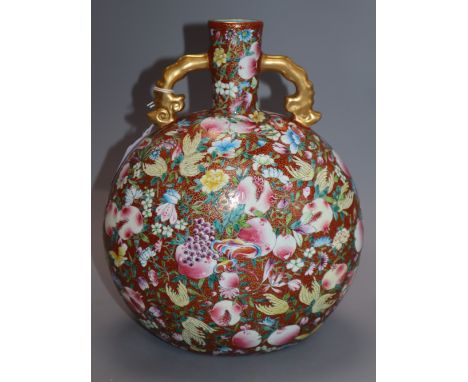 A Chinese famille rose millefleur moon flask, Yongzheng mark, 20th century height 29cm