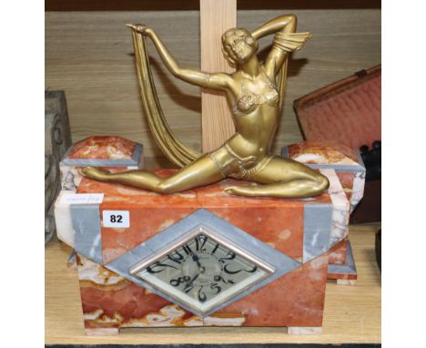 A French Art Deco spelter and marble figural clock garniture clock height 41cm