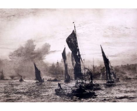 William Lionel Wyllie, Art Journal etching, "Londons River 1900", 38 x 51cm