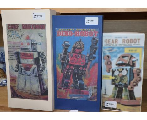 A KO Yoshiya tinplate battery-operated 'Chief Robotman' and two Horikawa SH tinplate/plastic robots, 'Dino Robot' (battery op