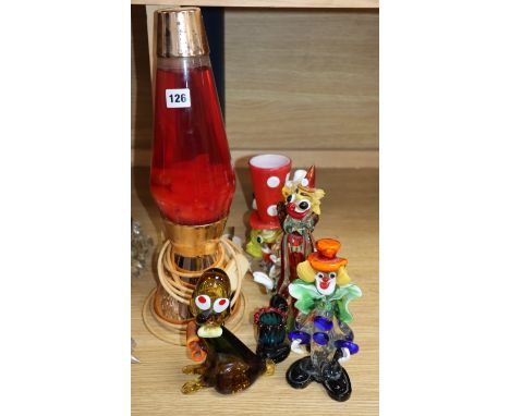 A vintage 'lava' lamp and six Murano glass clowns lamp height 43cm