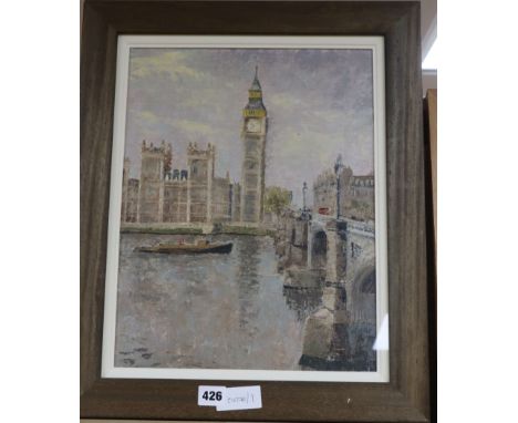 Ronald Ossory Dunlop (1894-1973), oil on board, View of The Houses of Parliament, signed, 39 x 30cm