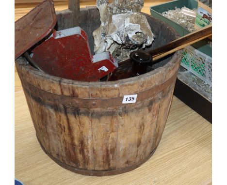 A coopered planter, walking sticks, chemist's bottle, etc.