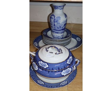 A Losol ware 'Cranford' soup tureen and cover and ladle, meat dish and 10 soup plates and a Spode vase