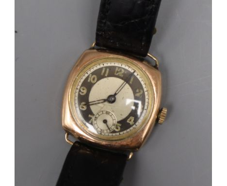 A gentleman's 1940's 9ct gold manual wind wrist watch, on later leather strap.