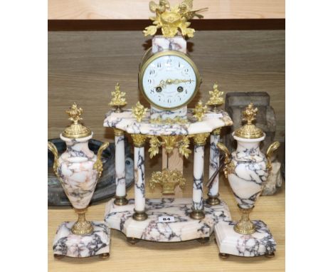 A Louis XVI design ormolu and marble clock garniture clock height 48cm