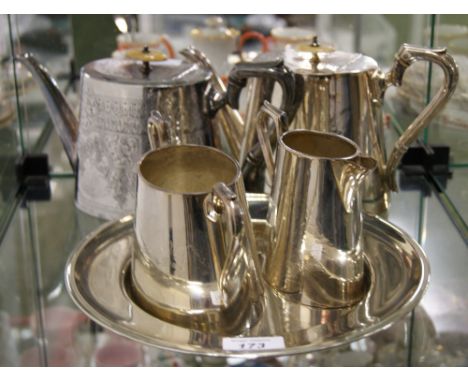 Three piece silver plate Armada tea service and a teapot and tray