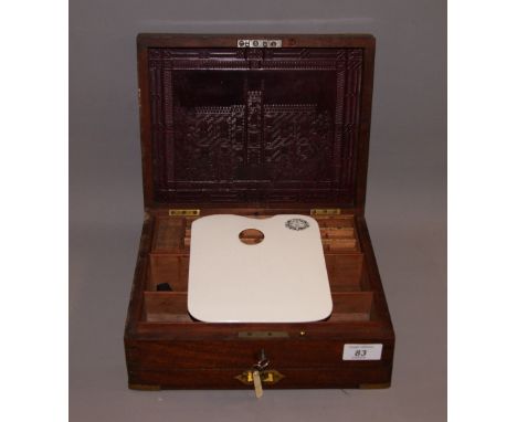 A brass bound mahogany fitted artists box, together with a ceramic palette. 