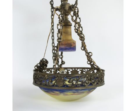 Art Deco bronze chandelier with coupe in coloured glass paste signed Lunéville, 1930sArt Deco bronzen luchter met coupe in ge