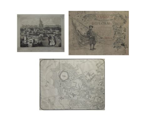 Various graphic art about Ghent, lithograph View of Ghent Hemelsoet 1872, Diploma awarded to the Van Crombrugghes genootschap