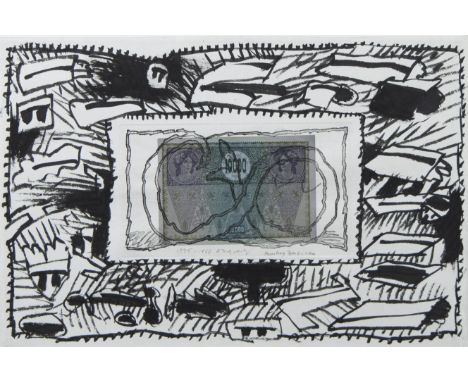 Pierre ALECHINSKY (1927), mixed media - etching on a demonised banknote, mounted on Velin with original East Indian ink in th