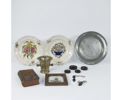 Collection of miscellaneous, 18th century French plates, pewter plate, mortar, boxes and lorgnettes in tortoiseshell, box in 
