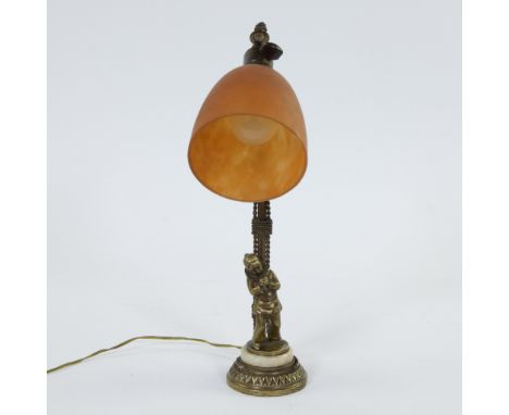 Bronze Art Deco lamp with glass paste shade signed SchneiderBronzen Art Deco lampje met kapje in glaspasta getekend Schneider