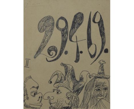 Pablo PICASSO (1881-1973), ink drawing with mad figures designed for a friend who was to open a café (1969), drawn in pencil 