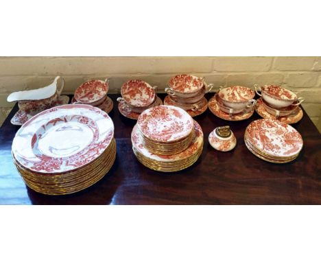 PART DINNER SERVICE, Royal Crown Derby 'Red Aves' including twelve dinner plates, eleven soup bowls with saucers, eight side 