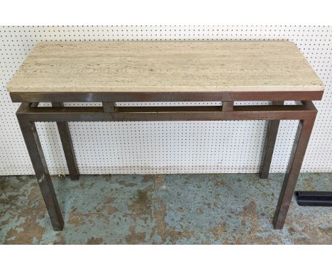 CONSOLE TABLE, 75cm x 102cm x 34cm, aged metal base, stone top. 