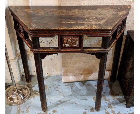 CHINESE CONSOLE TABLE, 105cm W x 84cm H x 46cm D 19th century lacquered elm with a canted top on turned front supports. 