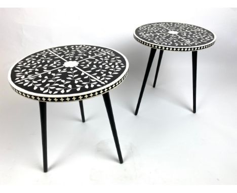 LAMP TABLES, a pair, Moorish design inlaid tops on tripod metal legs, 47cm H x 41cm x 41cm. (2) 