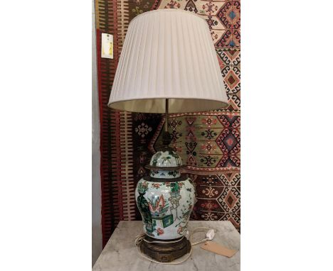 TABLE LAMP BASE, 50cm H including shade 90cm H, Chinese famille verte with a gilt metal base. 