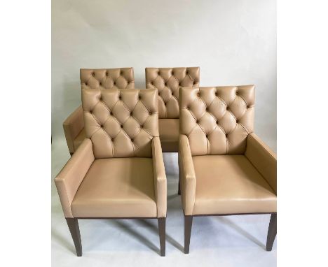 DINING ARMCHAIRS, a set of four, taupe leather in tub form with button upholstered backs. (4) 