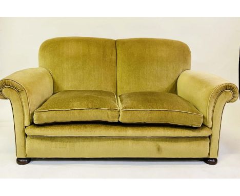 SOFA, Edwardian soft green velvet upholstered with scroll arms and two cushions, 160cm W. 