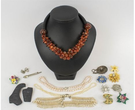 COSTUME JEWELLERY, a collection comprising Carnelian bead necklace, two cultured pearl necklaces, various assorted costume je