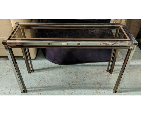 CONSOLE TABLE, 120cm x 40cm x 76cm H, mid century, Romeo Rega style, glass metal and brass. 