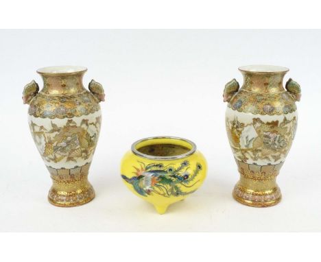 SATSUMA VASES, a pair, Japanese late 19th Century Meiji period, twin handled, hand painted and gilded, character marks to bas
