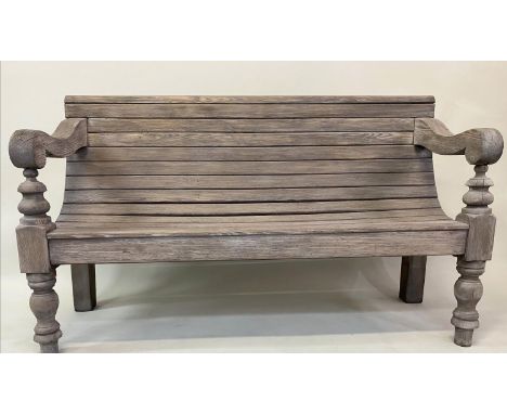 COLONIAL STYLE BENCH, antique stained scotch pine with close planked top and down swept carved and turned supports, 155cm W. 