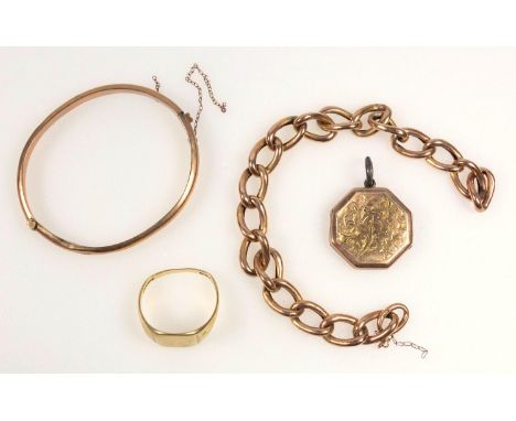 Chain of twisted links, child's gold bangle, a signet ring and a gold front and back engraved locket with photographs, all ma