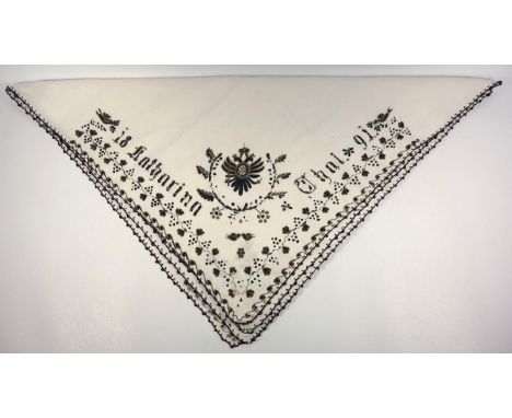Antique embroidered panel with Austro-Hungarian Imperial emblem of two headed eagle, blackwork embroidery of a fruiting vine,