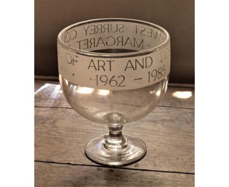 A large commemorative glass goblet, dedicated to Margaret Bide, from West Surrey College of Art and Design, acid etched decor