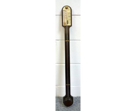 A stick barometer by Blatt of Brighton Mahogany stick barometer with visible mercury tube and enclosed bulb, separate thermom