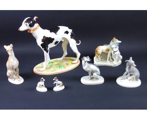 Rosenthal seated Whippet dog statue, 15cm h, 2 miniature Rosenthal studies of dogs, 5cm h, Naples china Whippet, 10.7cm h, Ge