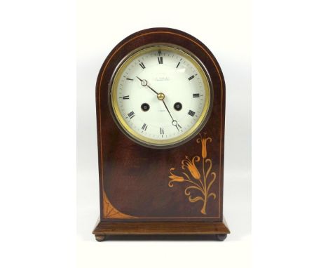 Edwardian mantle clock, the enamel dial with Roman numerals, Walker Fenchurch Street London, mahogany inlaid with Art Nouveau