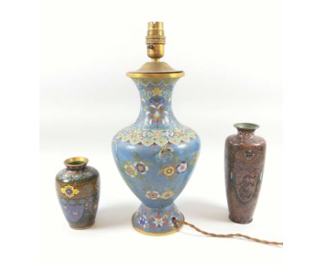 A group of Cloisonné, Japanese vases with panelled decoration, tallest 18 cm, and a vase converted to a lamp base, 28 cm, (3)