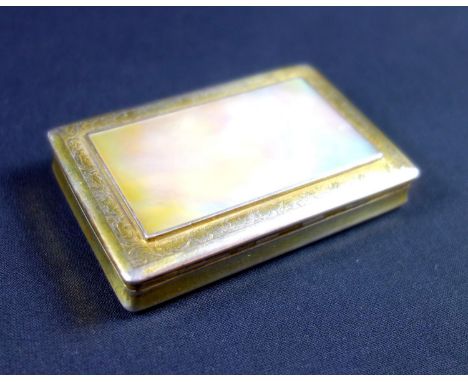 Mother of pearl and gilt white metal snuff box with engraved formal decoration and mother of pearl tablet, interior stamped w