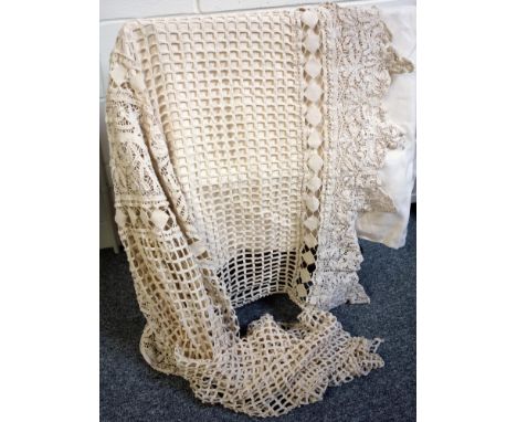 Late Victorian crocheted cotton bed cover, with panel of plant forms bordered by diamond and square design, with dentil flora