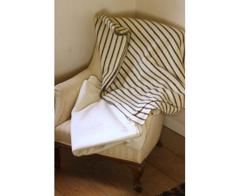 A Victorian Welsh narrow width blanket with charcoal chevron and rope twist stripes on a cream ground, two turned over and tw