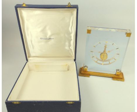 Jaeger Le Coultre, perspex ' Baguette' clock with gilt metal fittings, original box 18 x 20 cm 
