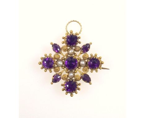 Regency period pendant, set with amethyst and pearl, within a coiled wirework and beaded setting, unmarked gold with later br