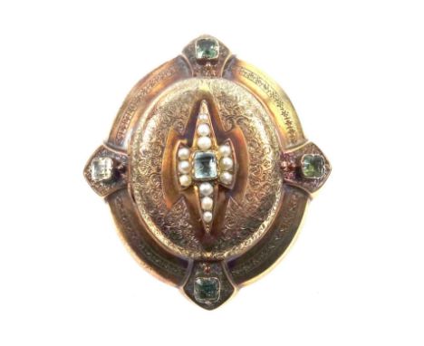 Victorian locket brooch set with aquamarine, light green beryl and seed pearls, engraved decoration, central raised section l
