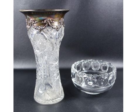 American glass, a Tiffany glass bowl  with apples in relief, 12 cm diameter, a cut glass vase with a silver garland design ri