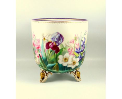 Continental porcelain jardinière, boldly painted with a variety of spring flowers, on unusual oval panel feet with gilt dogs 