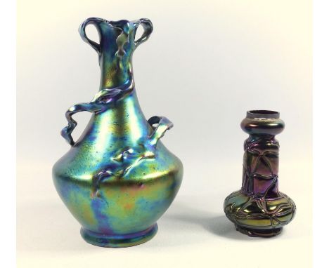 Art Nouveau vase, with branch forms in relief and iridescent glaze 19 cm and a similar glass vase 