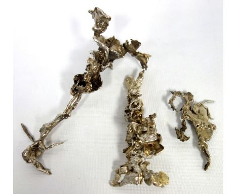 20th C. design, white metal naturalistic sculpture, 15 cm high and two other sculptures, probably by Harrow or Hornsea School