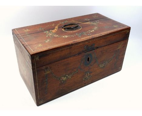 Georgian mahogany tea caddy, with hand painted decoration of birds, floral swags, interior decoration of floral garlands, 15.