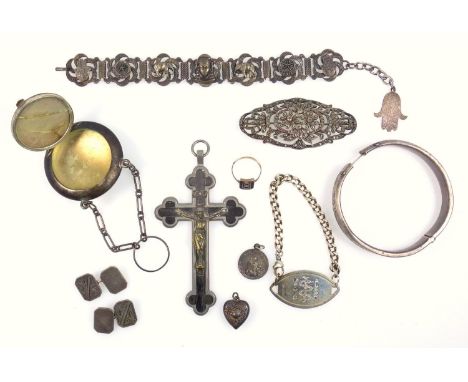 Silver jewellery; 1930's marcasite brooch, Tank Corps military sweatheart brooch, heart pendant, compact purse and a bangle, 
