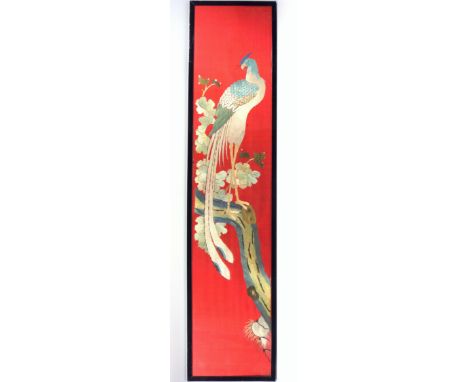 Four Meiji period Japanese embroideries, a peacock on flowering branch, worked in satin stitch on a red silk ground and three